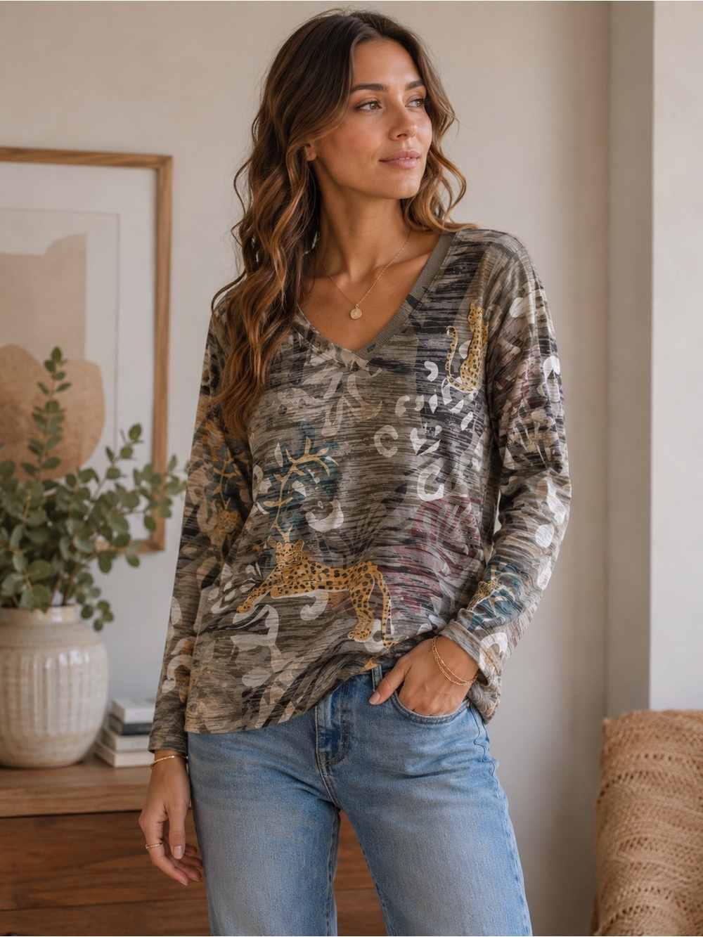Inoah Jungle Print Leopard Long Sleeve Top Size XS Lightweight Boho Neutral